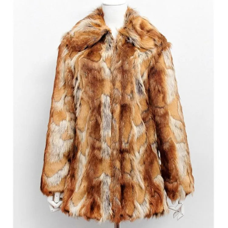 Women's tiger print faux fur jacket with regular long sleeves and medium 65cm length