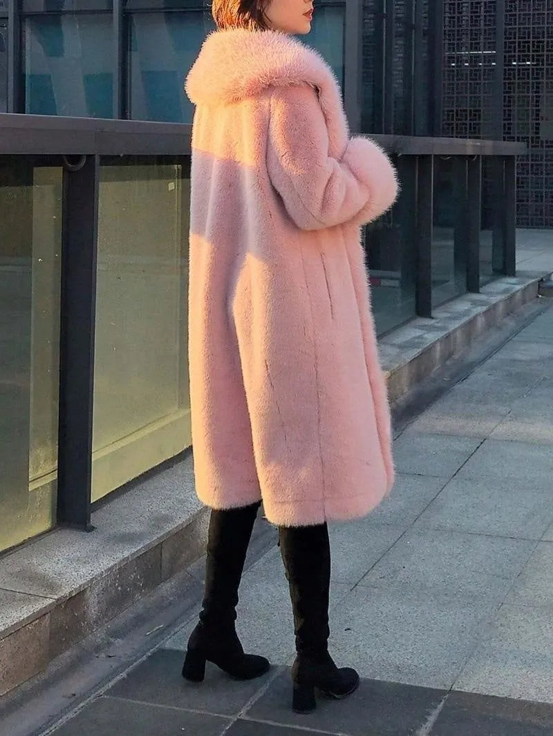 Women's thick faux rabbit fur mid-length coat with fur collar in assorted colours.