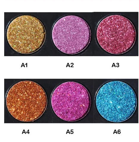 Sequin eye shadow tray with 6 colour palette, compact 10 cm by 7.8 cm, smooth silk texture