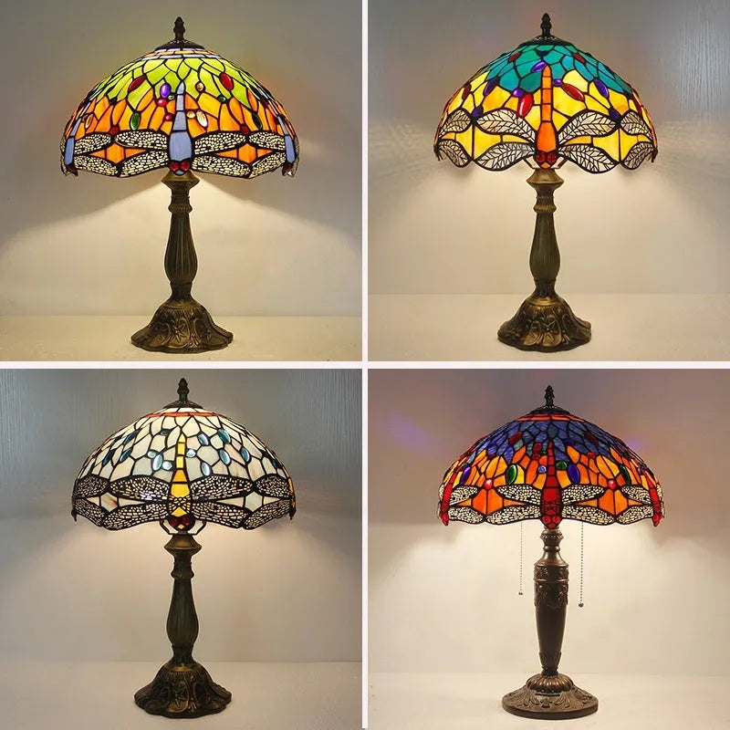 Tiffany dragonfly stone table lamp with retro European design and coloured glass shade