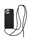 Black imitation leather woven pattern cross-body lanyard phone case for iPhone 14 13 12 series