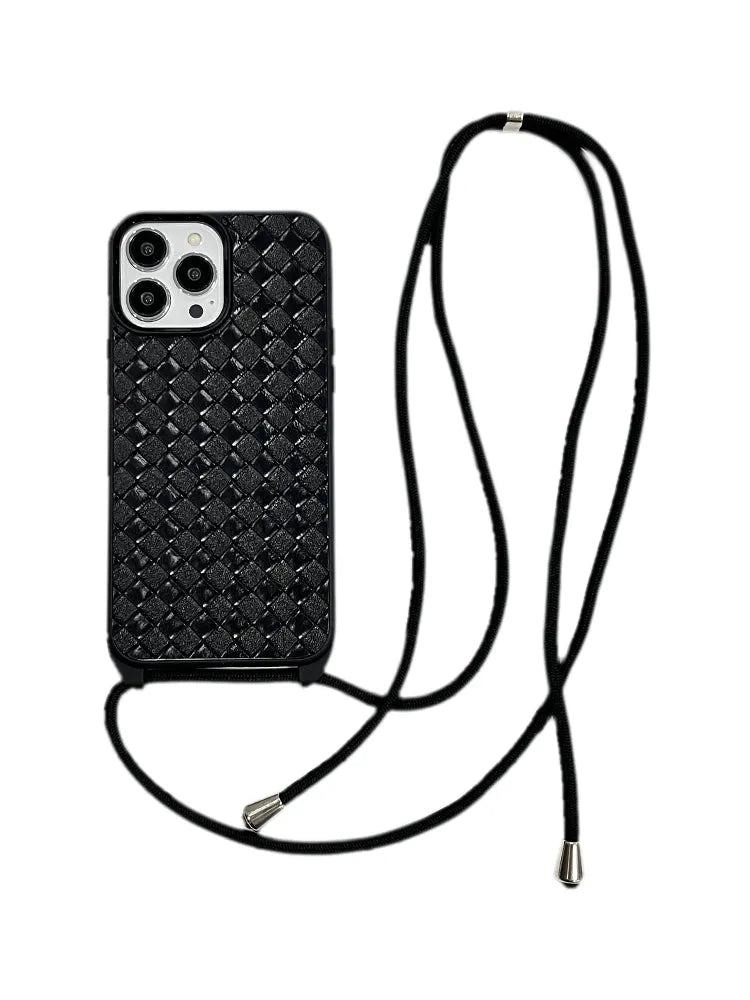 Black imitation leather woven pattern cross-body lanyard phone case for iPhone 14 13 12 series