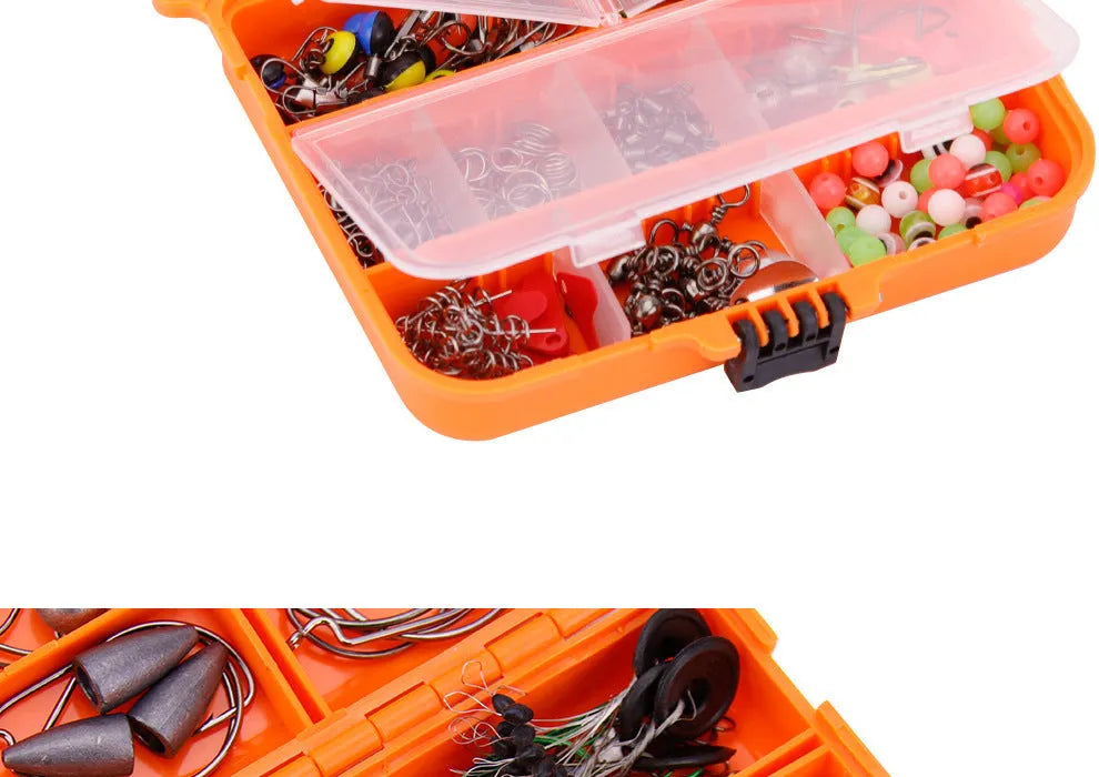 Orange or black ABS tackle box containing 257 fishing lure accessories including hooks, sinkers, and swivels