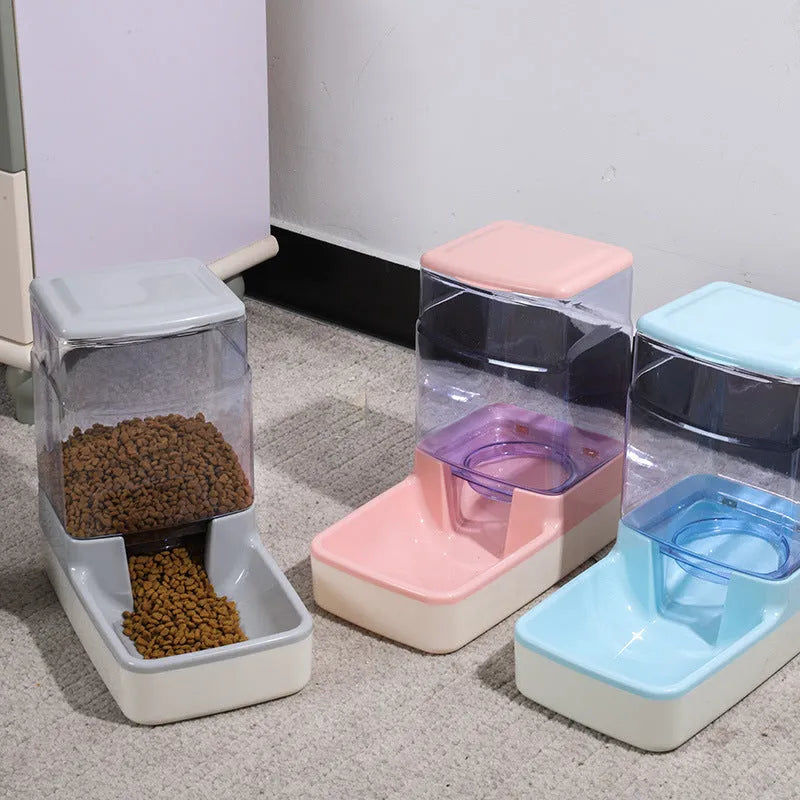 Portable automatic cat feeding and drinking station in blue, measuring 27x15.5x27cm