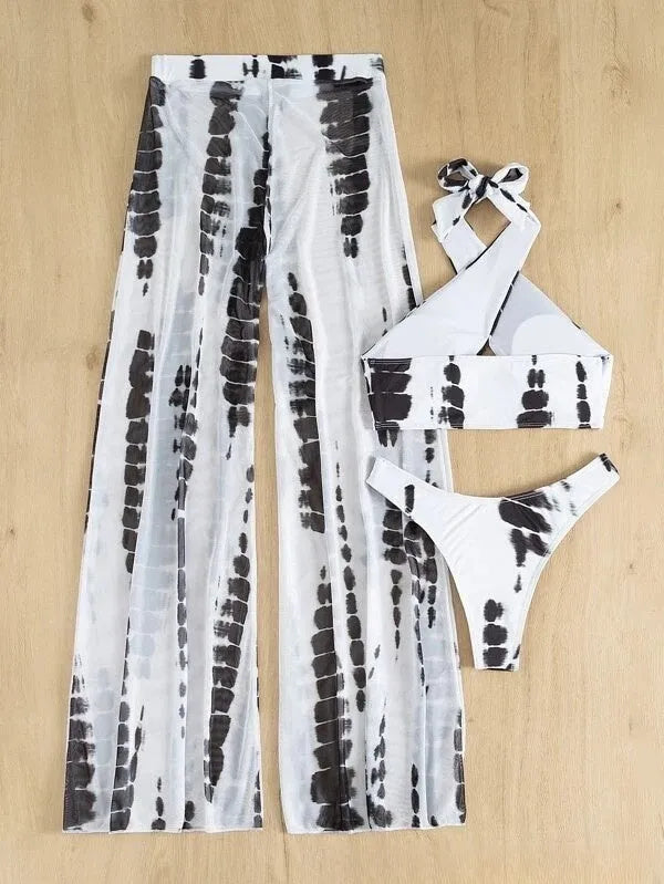 Women's three-piece bikini swimsuit with mesh trousers in quick-drying polyester fabric