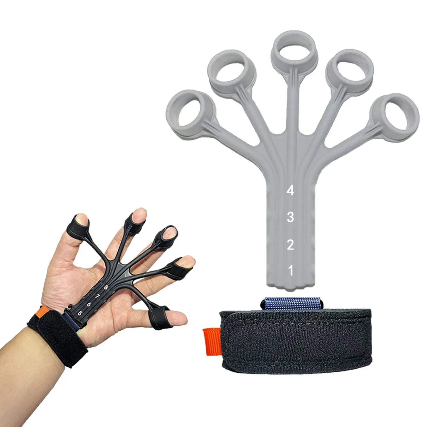Black silicone finger flexion and extension rehabilitation trainer with adjustable resistance belt