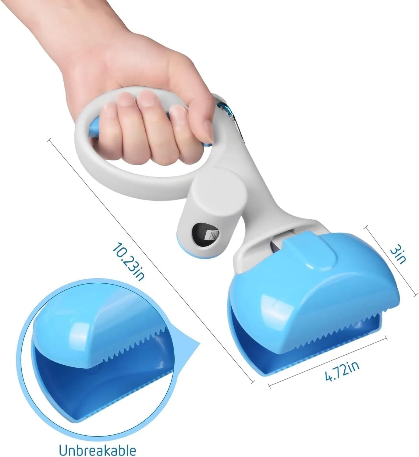 Black pet pooper scooper with built-in trash bag holder and carrying hook on a gravel path.