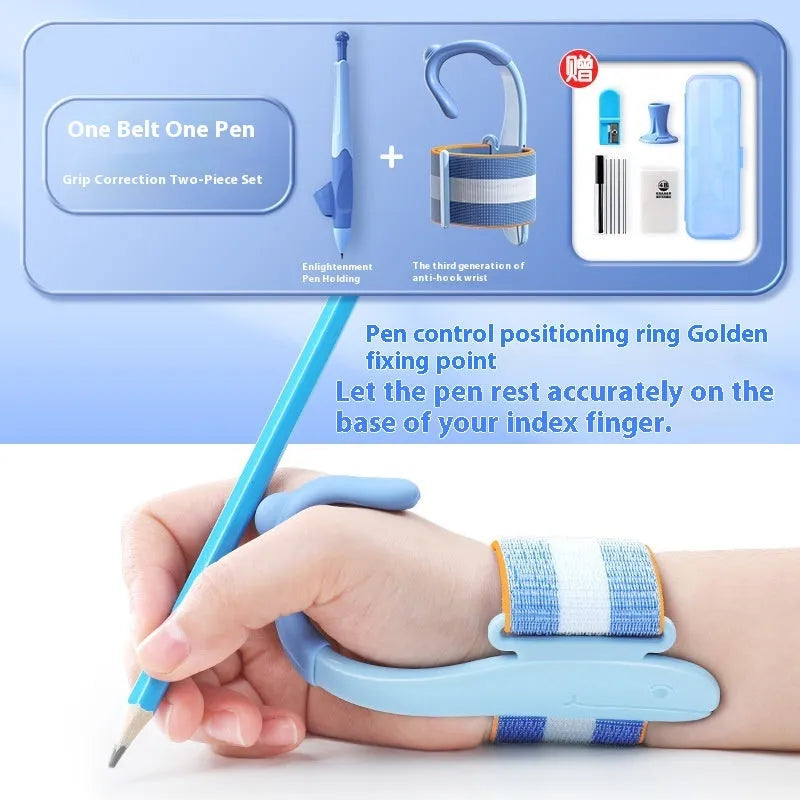 Blue Anti-hook Holder Pen Control Corrector, a wrist brace and pencil grip for children's handwriting.