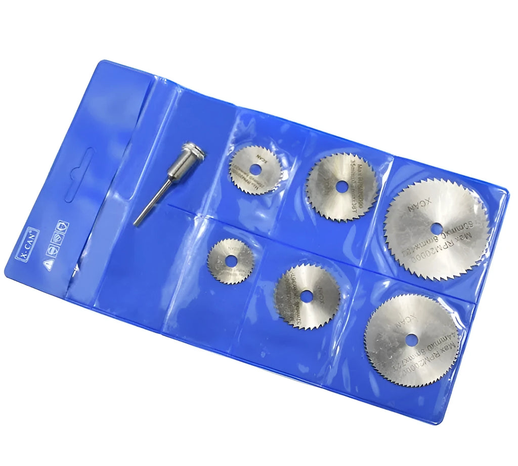 Six circular saw blades with mandrel, high-speed steel construction for woodworking