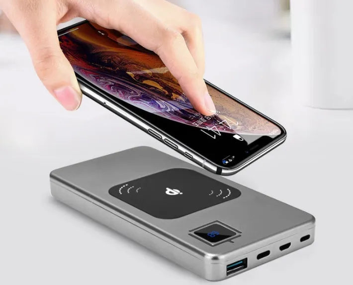 Alloy mobile power bank with LCD display showing capacity available in black silver red and blue