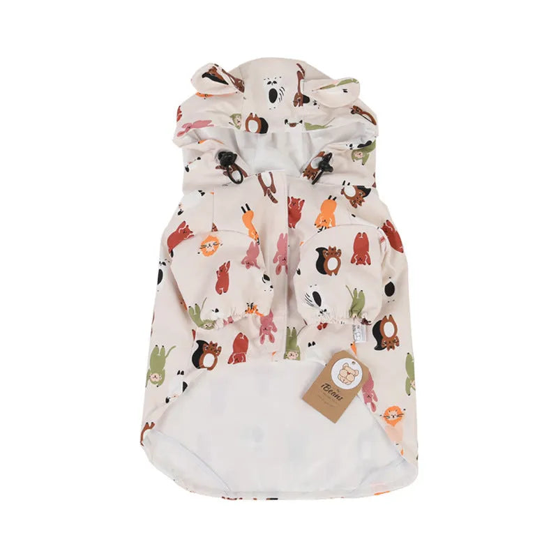 Beige dog raincoat with cartoon small animal print, showing PU waterproof material