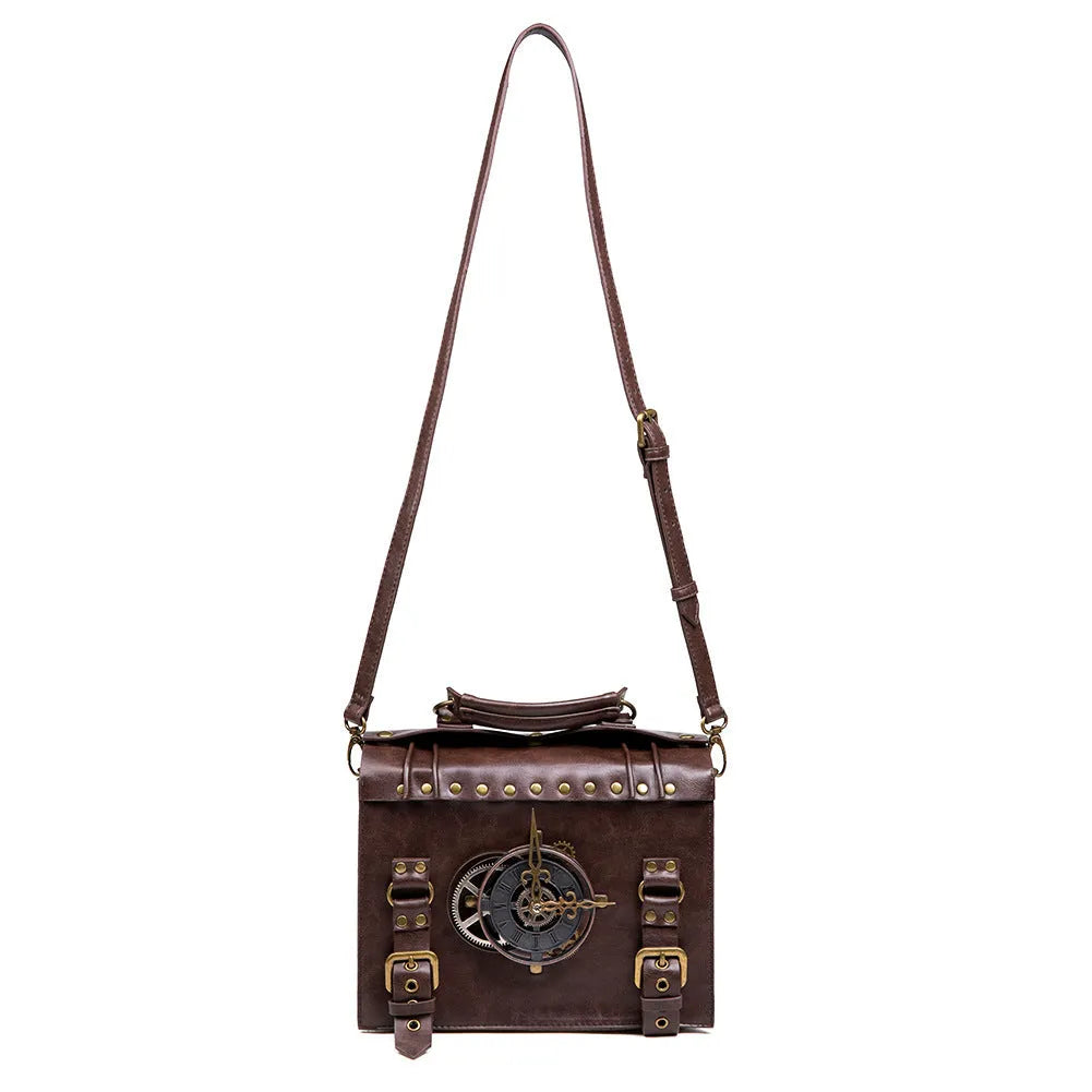Bronze steampunk shoulder bag with industrial retro styling and horizontal square shape