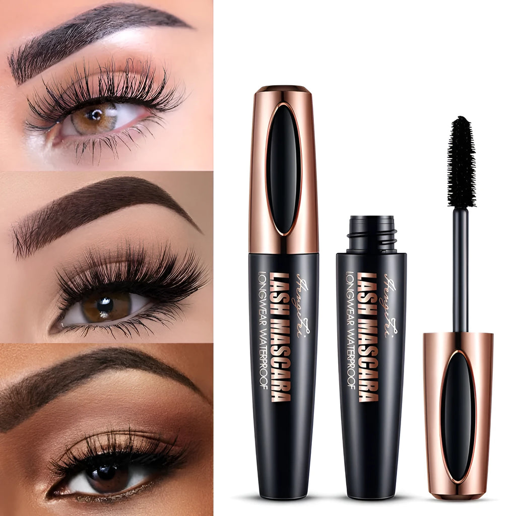 Black waterproof mascara with applicator creating thick long curled lashes
