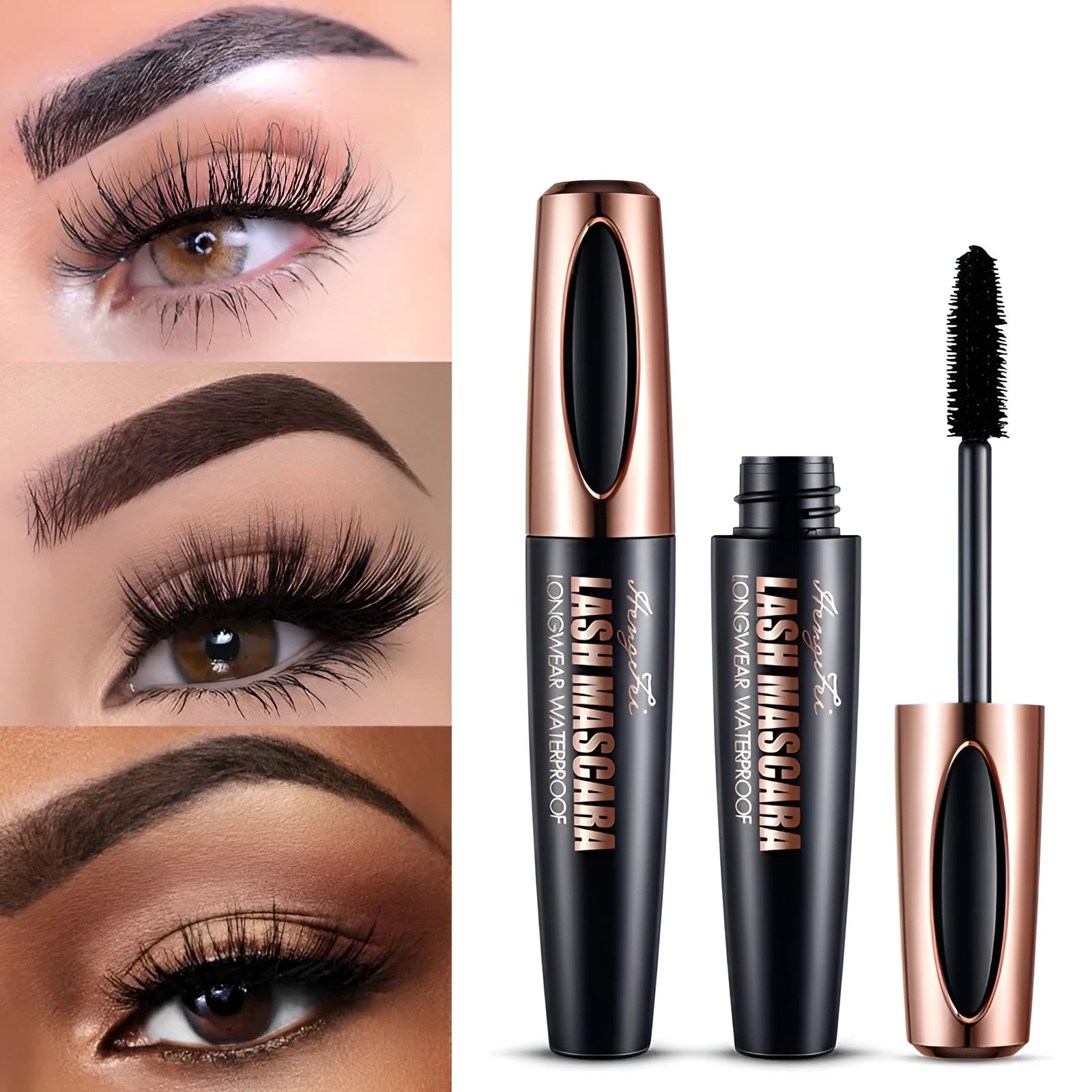 Black waterproof mascara with applicator creating thick long curled lashes