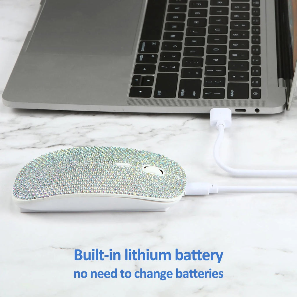 White wireless optical mouse with 2.4G USB receiver, 4 buttons, and rechargeable battery
