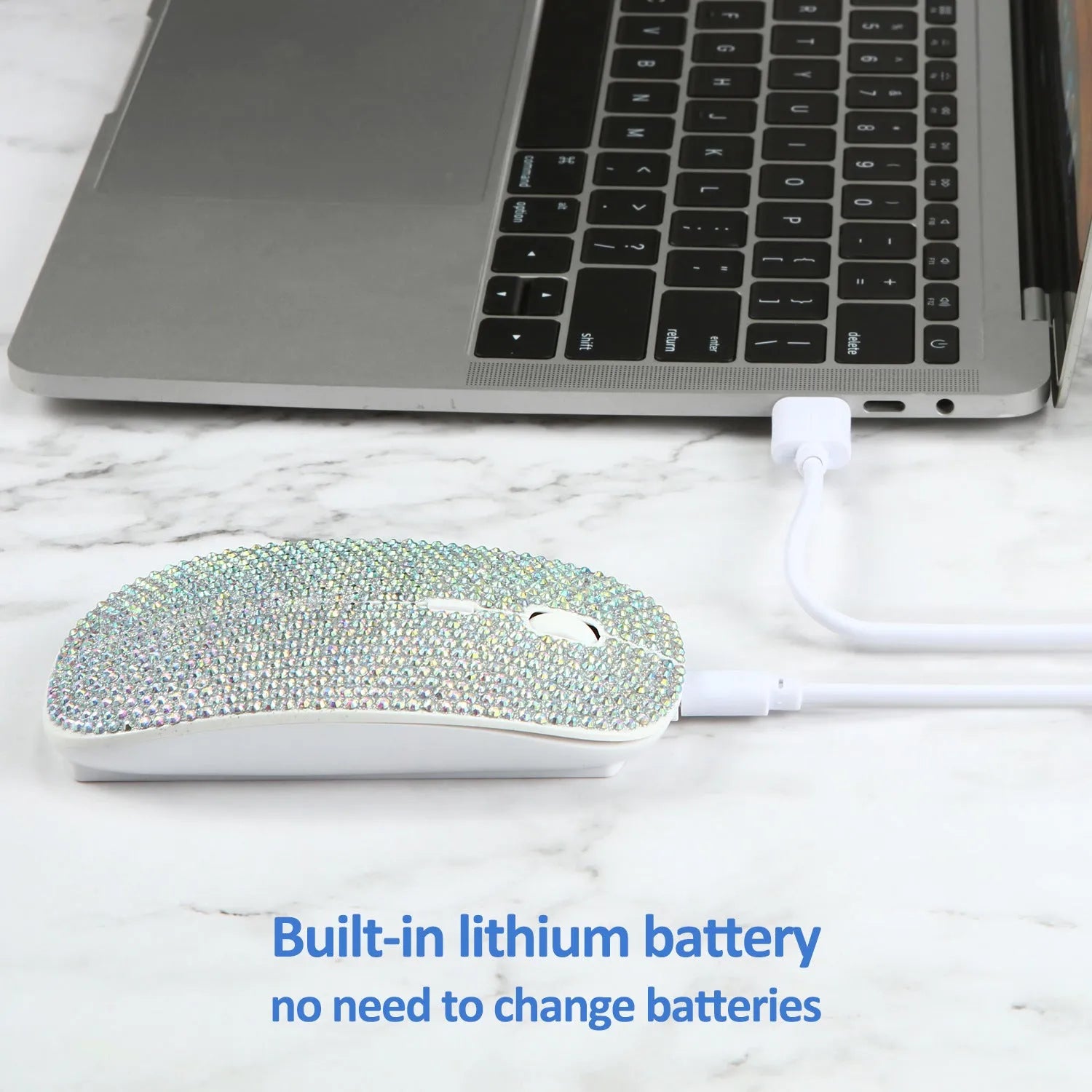 White wireless optical mouse with 2.4G USB receiver, 4 buttons, and rechargeable battery