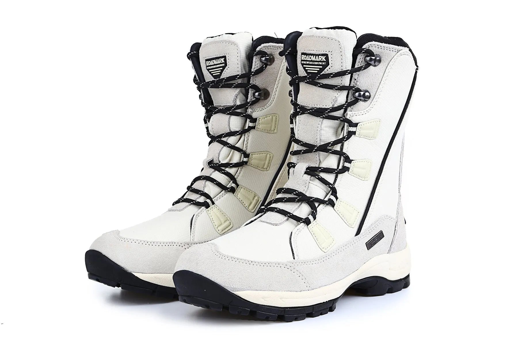 Women's black genuine leather mid-calf thermal snow boots with a round toe and rubber sole.