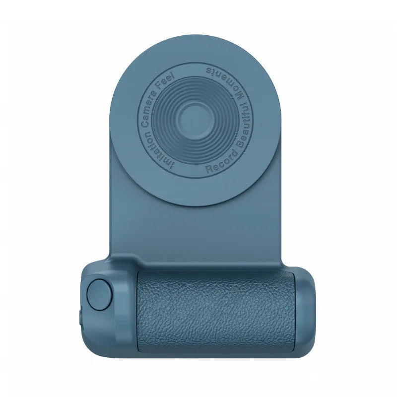 Black magnetic phone camera handle with rotatable design and PU leather grip on wooden table