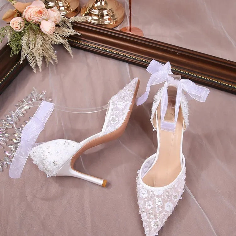 Women's French style sequin hollowed sandals with satin upper and pointed toe, white colour