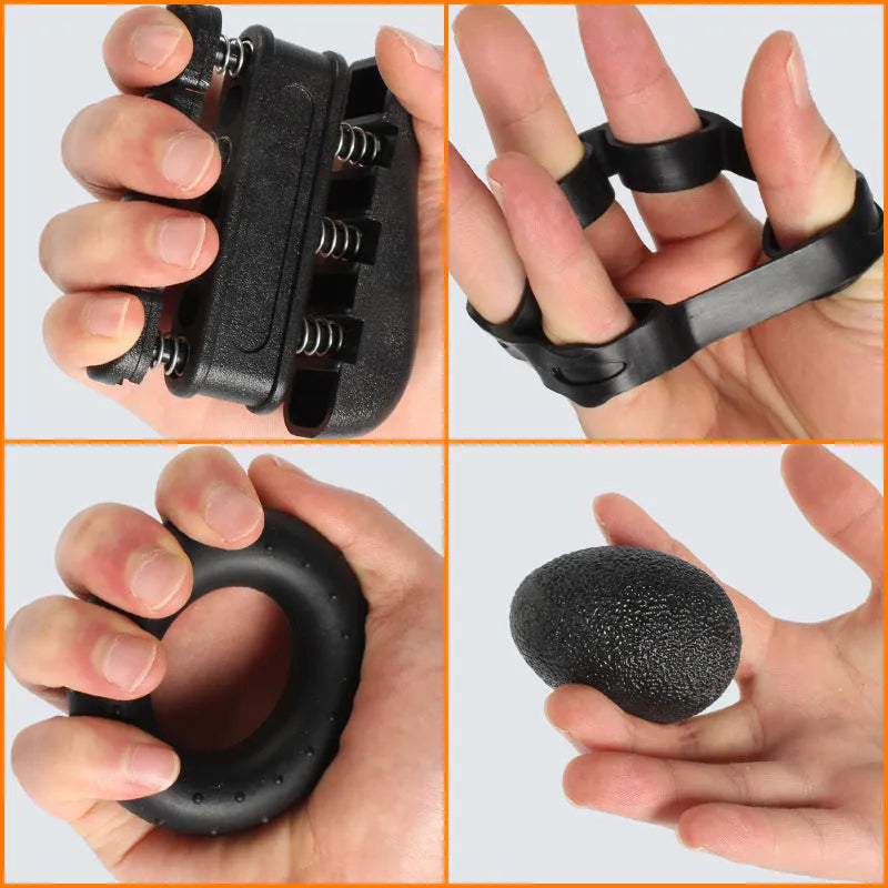 Adjustable count spring grip five-piece set with counting grip, piano grip, five finger trainer, silicone hand grip, and TPE egg ball in black