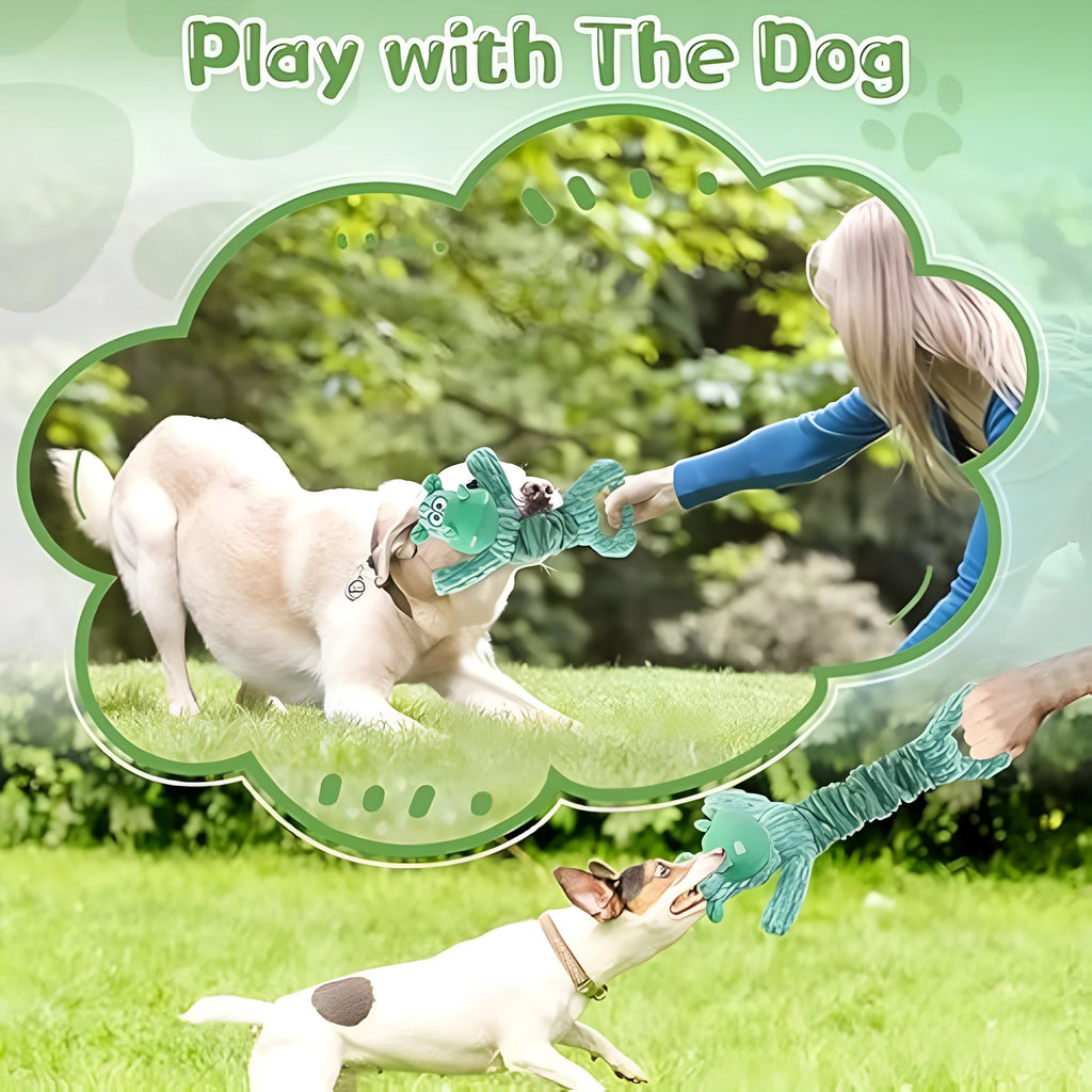 Large plush squeaky dog toy with handle, shown in hippo and monkey designs