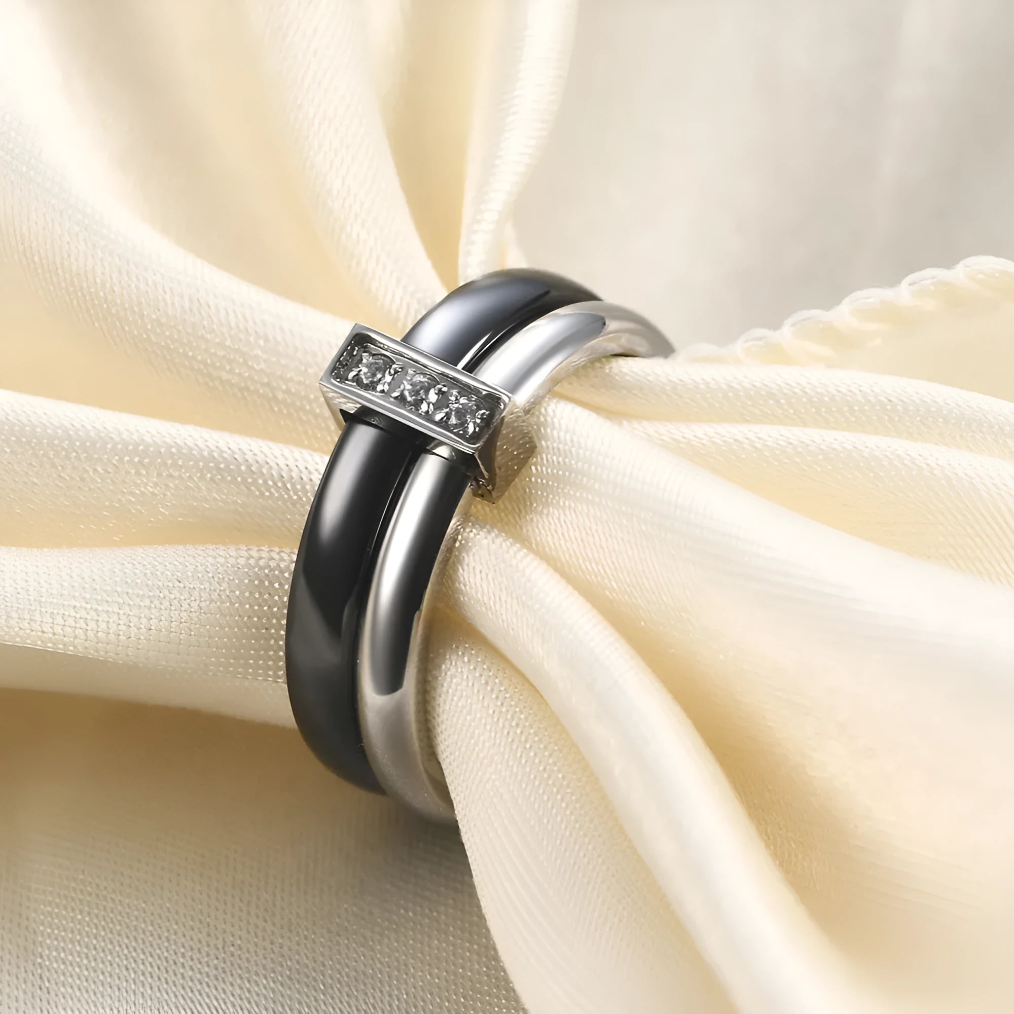 Women's ceramic ring with 6mm wide band and glossy zirconium inlay in steel black finish.
