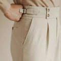 Men's slim fit straight leg suit trousers in black, white or apricot colours with business formal styling