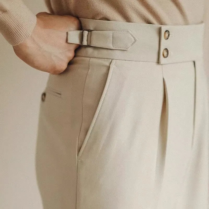 Men's slim fit straight leg suit trousers in black, white or apricot colours with business formal styling