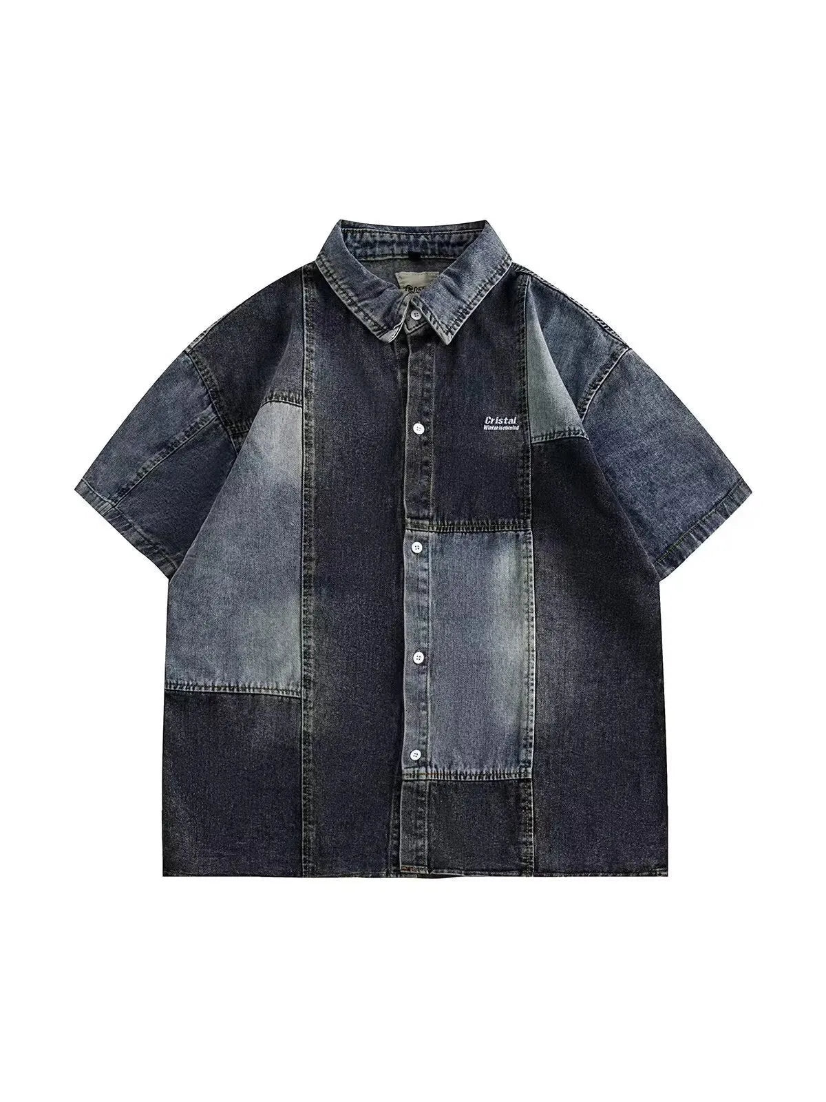 Blue Japanese-style denim shirt for men with washed stitching and loose cardigan fit