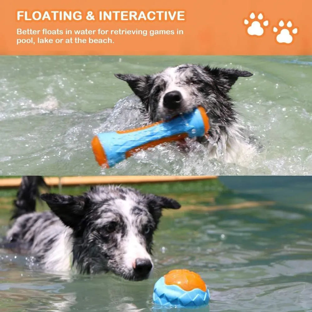 Three TPR dog toys - ball, barbell, and tires - with textured surfaces for teeth cleaning and floating capability