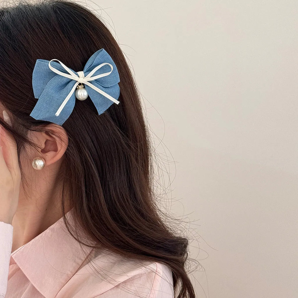 Cloth hair barrettes for women in pastoral style with beige lace and blue bow options
