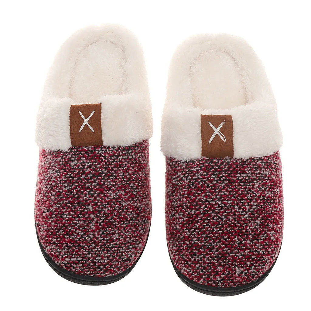 Winter plush slippers with thick bottom and round toe in burgundy, black, and light gray