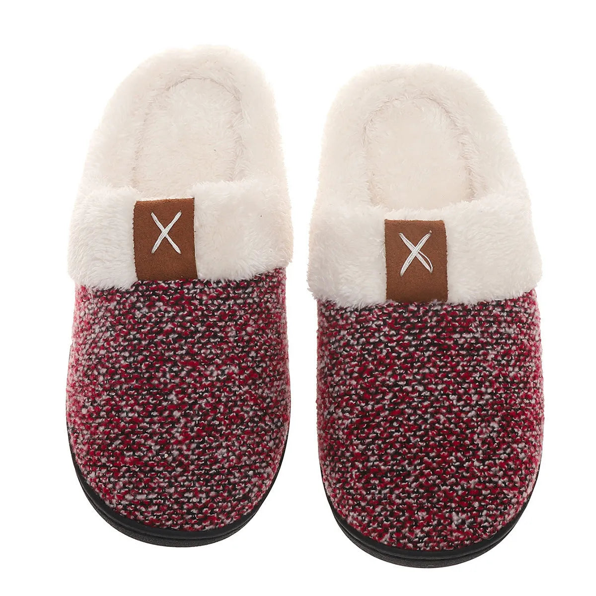 Winter plush slippers with thick bottom and round toe in burgundy, black, and light gray