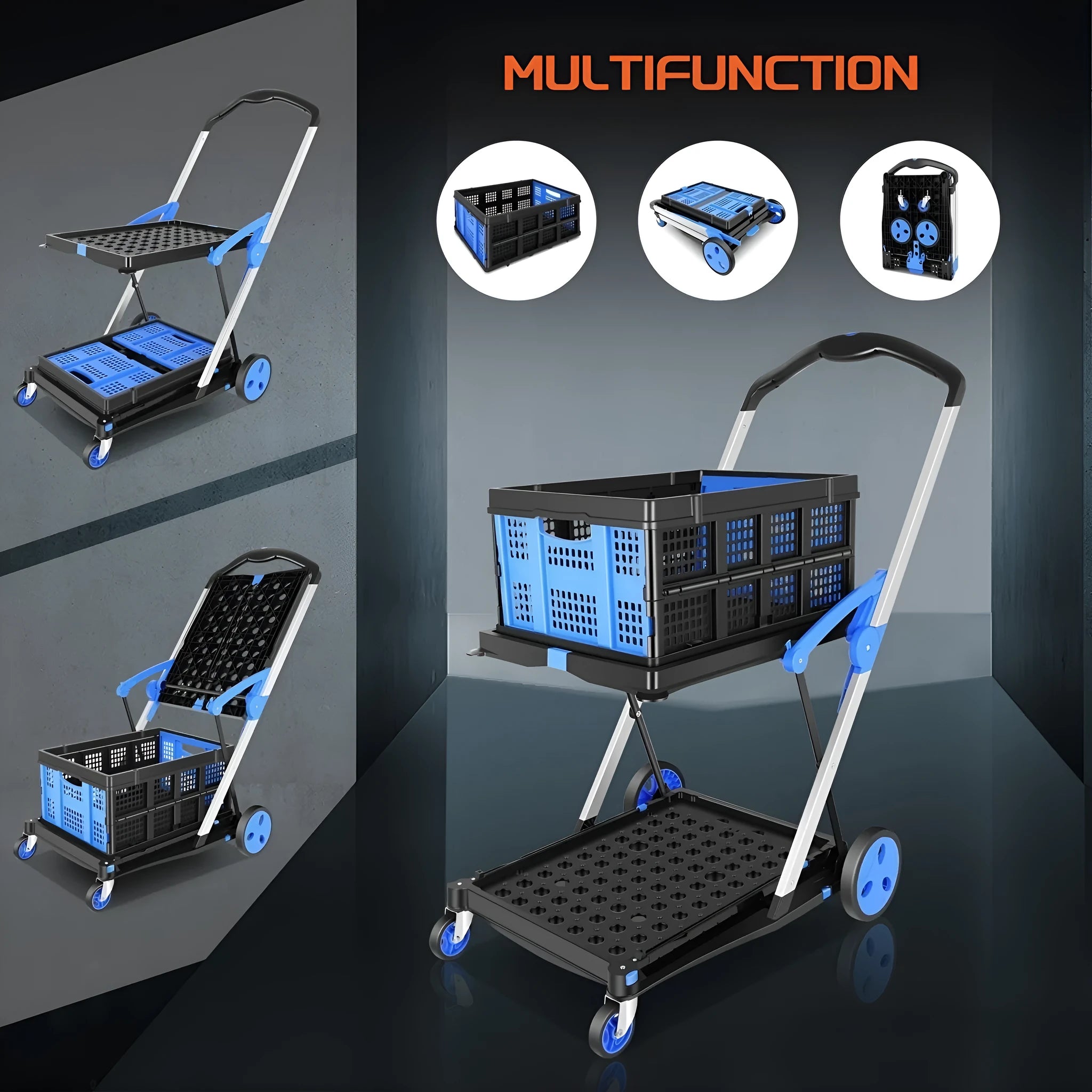Foldable plastic shopping cart with double basket design in blue, pink, purple or red colour options