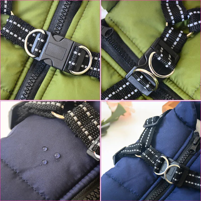 Waterproof dog coat with integrated harness in red, navy blue, or army green, shown on a dog.