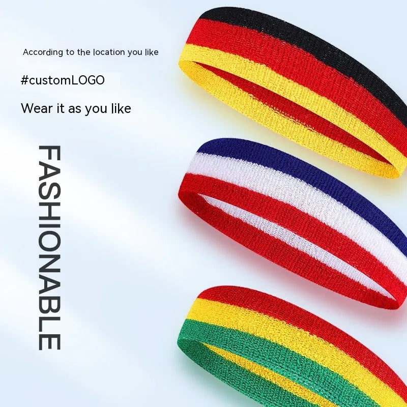 Colourful elasticated sports headband for adults, shown in multiple colour combinations, laid flat to show 5.5cm by 20cm dimensions.