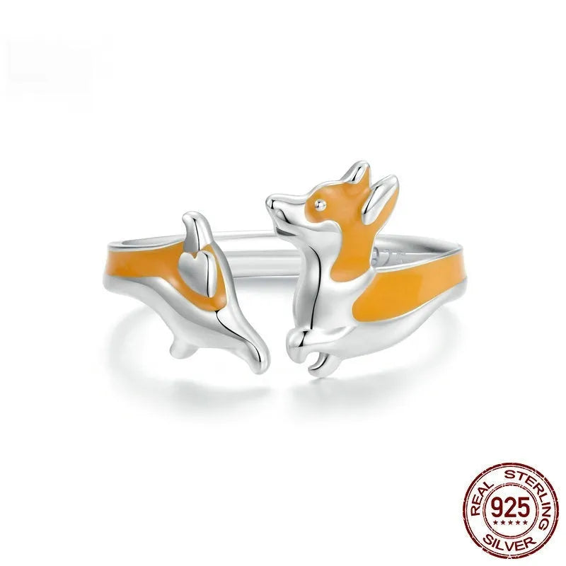 Silver-coloured cartoon Corgi ring with adjustable band
