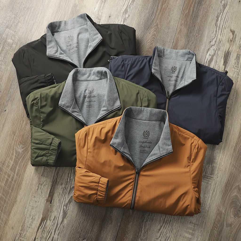 Men's stand collar jacket in polyester blend with cotton lining, shown in Army Green colour.