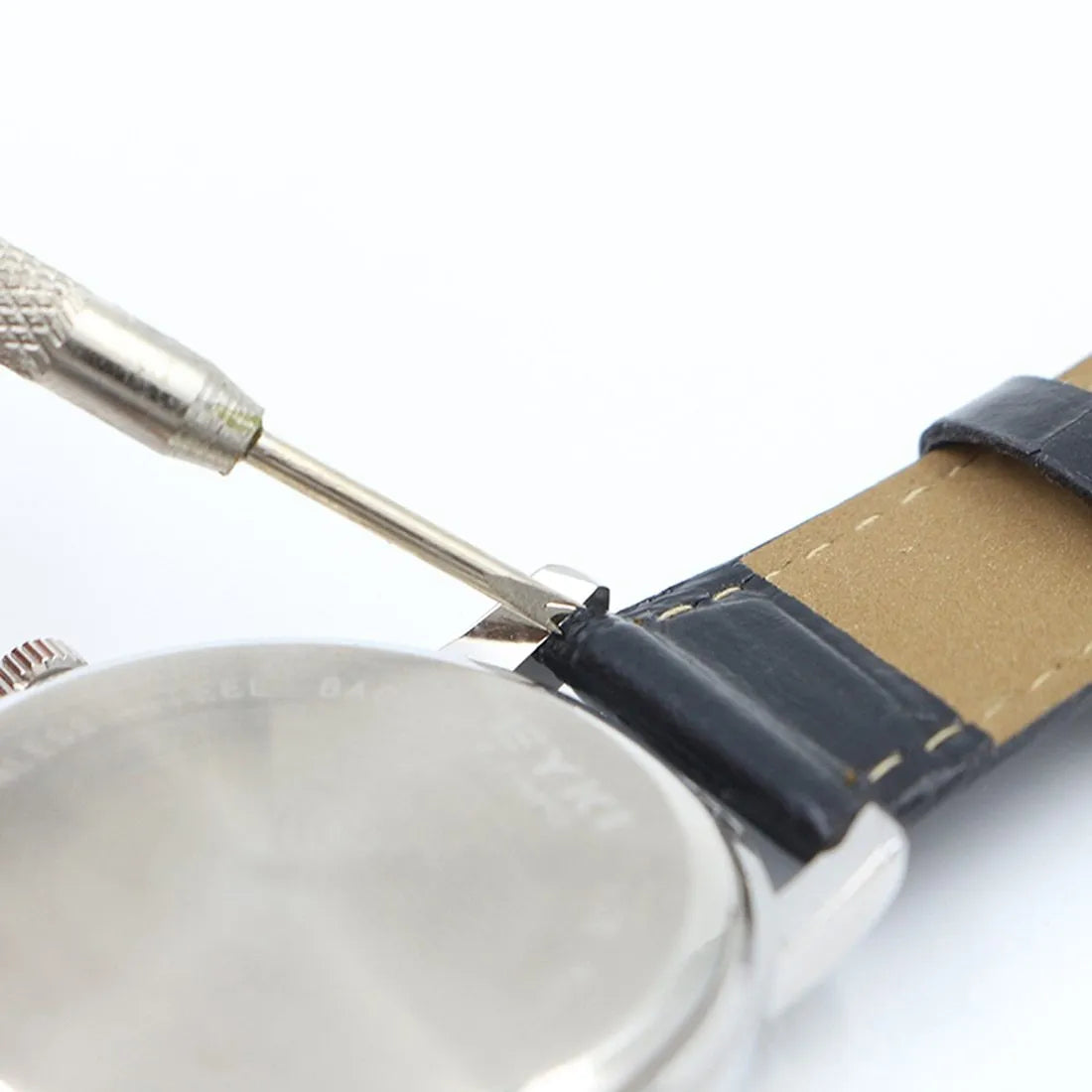 Stainless steel spring bar remover tool with dual tips, 8.5cm long, for watch band repair