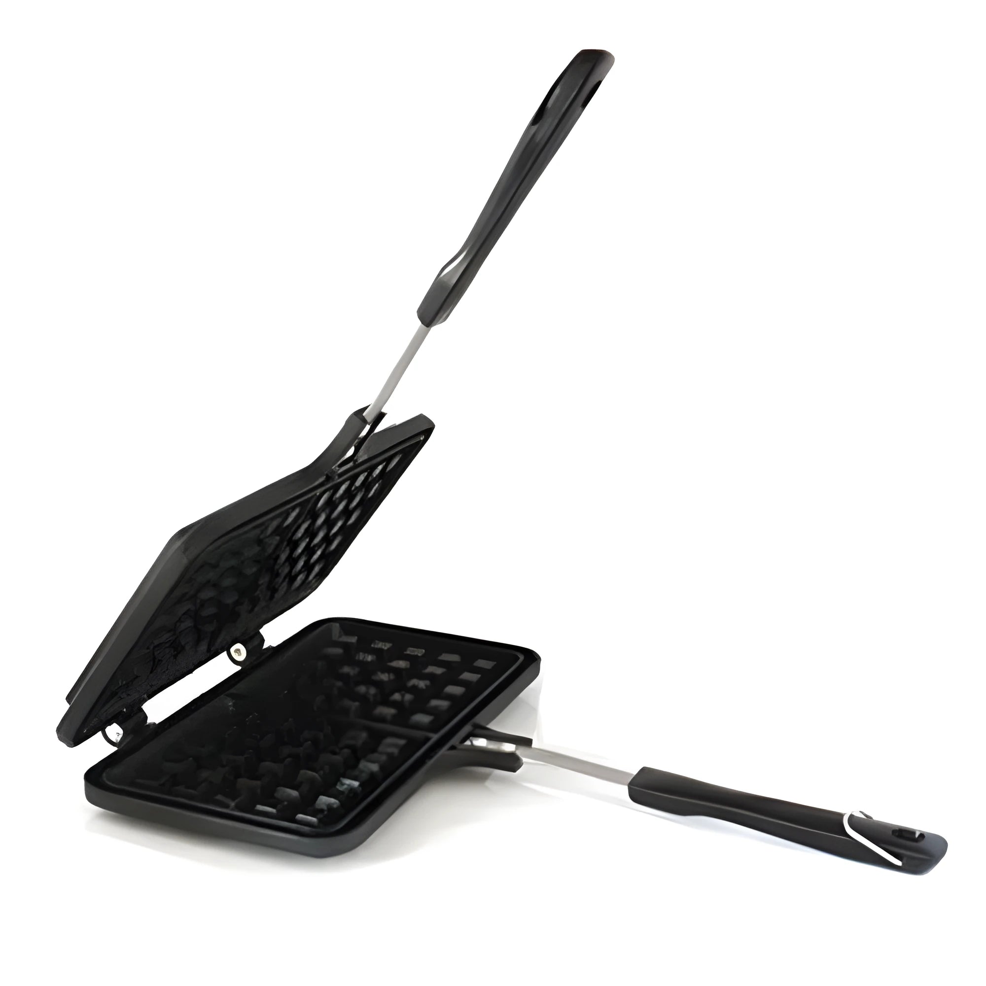 Black non-stick aluminium waffle plaid cake mold with locking handle on gas stove