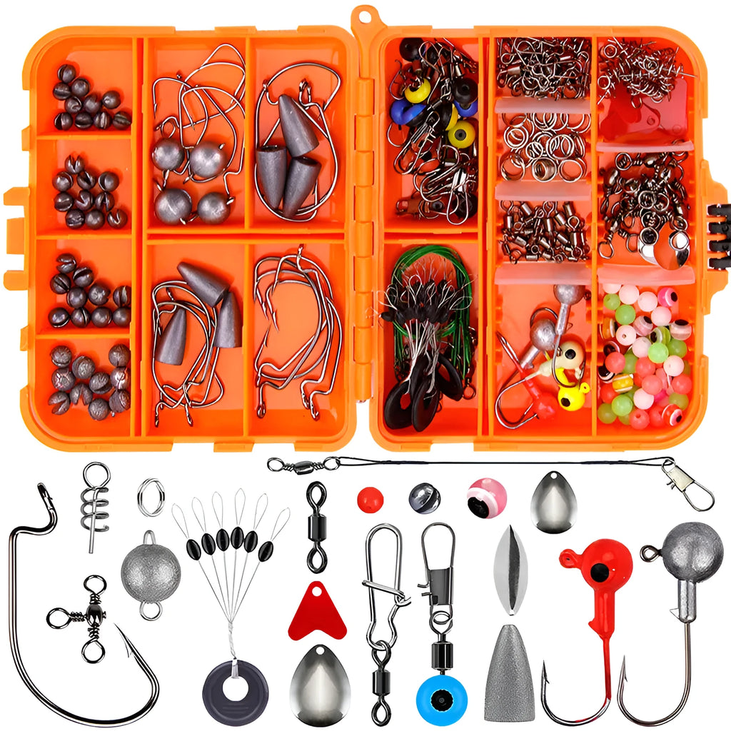 Orange or black ABS tackle box containing 257 fishing lure accessories including hooks, sinkers, and swivels