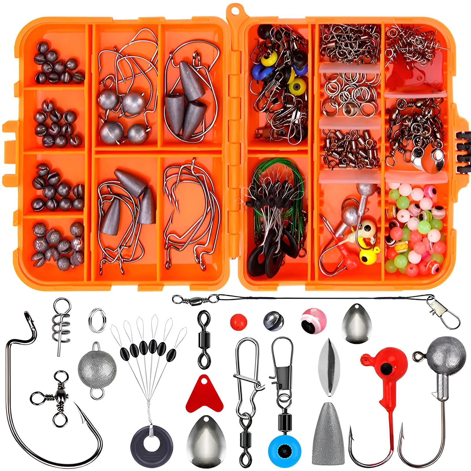 Orange or black ABS tackle box containing 257 fishing lure accessories including hooks, sinkers, and swivels