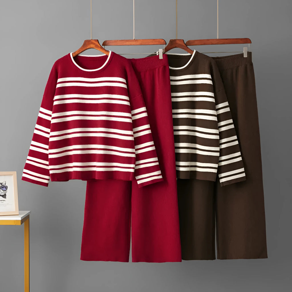 Casual striped loose sweater and wide leg pants two-piece set for women in brown