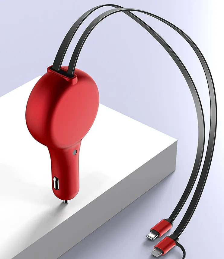 Black retractable car charger with extended cables showing dual USB ports and compact design