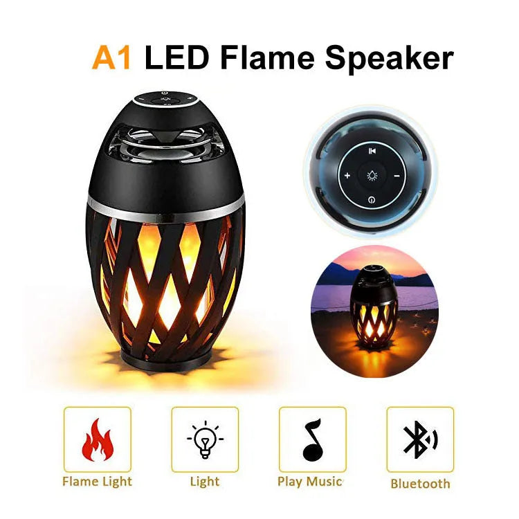 Black LED Flame Speaker with realistic flame light effect on a table