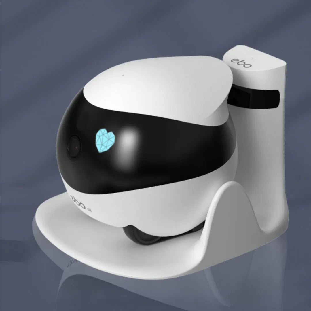 White smart home mobile surveillance robot camera with compact design and automatic docking station