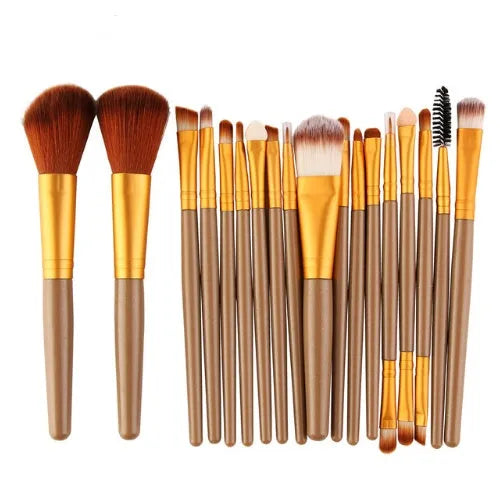 18-piece makeup brush set showing various brush shapes including fan tools for powder and contouring