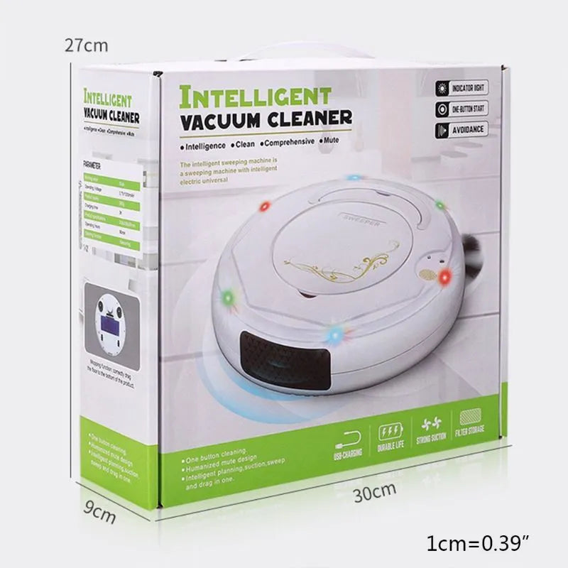 Lazy Smart floor sweeping robot vacuum cleaner in blue, black, or white colours with charging cable and cleaning accessories