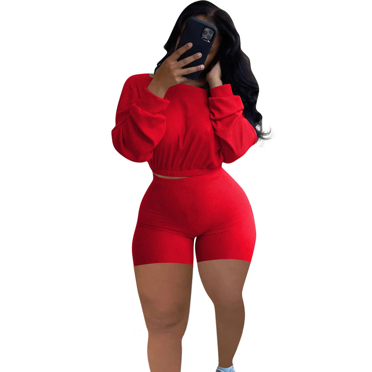 Sunken stripe off-shoulder two-piece set with long sleeves and matching shorts in solid colour
