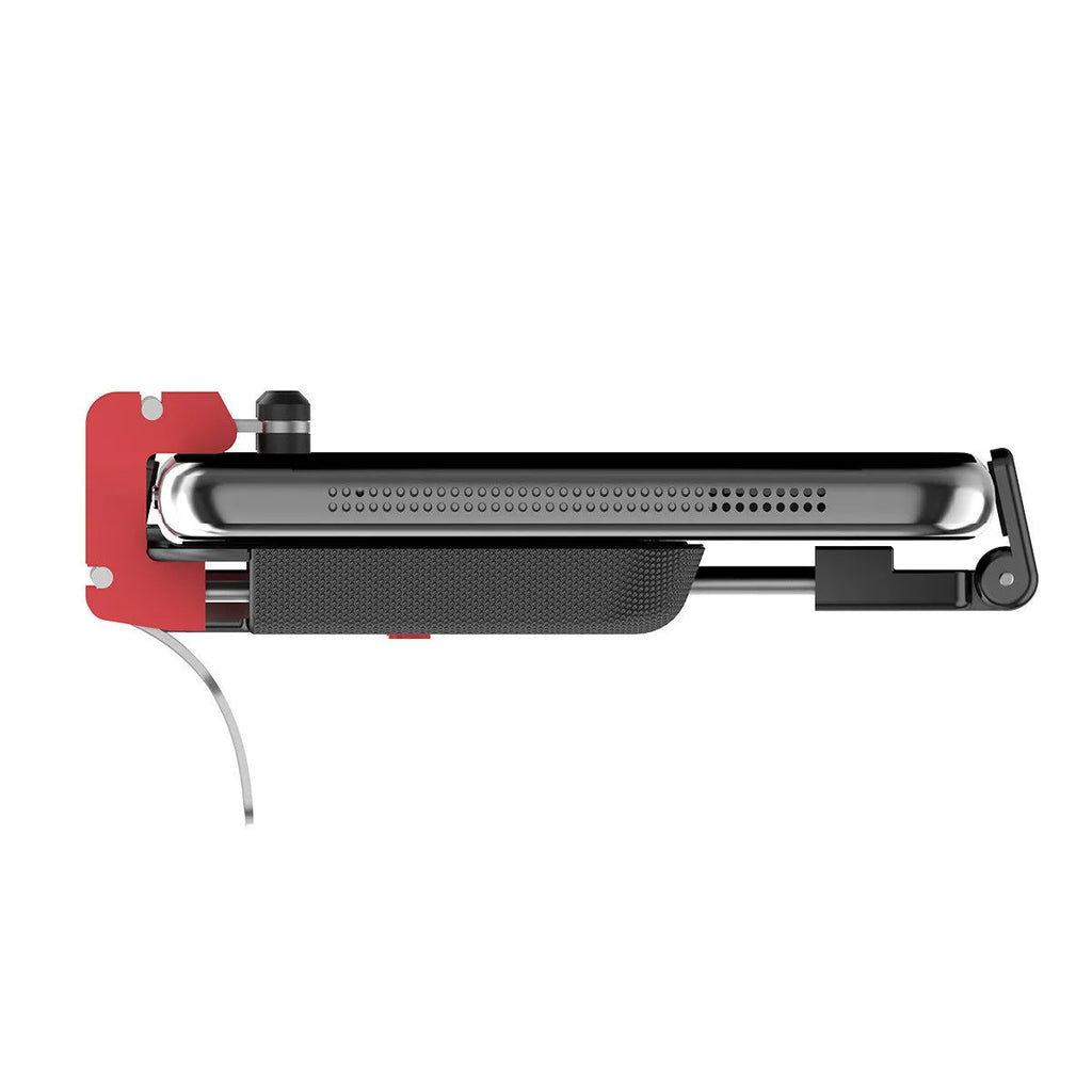 Black mobile phone game trigger handle bracket showing adjustable sliding trigger and telescopic fixing clip.